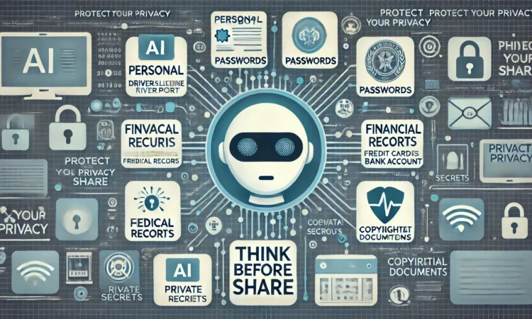 DALL·E 2025 01 13 13.17.47 A visually engaging infographic style illustration showing the risks of sharing sensitive information with artificial intelligence. The image features