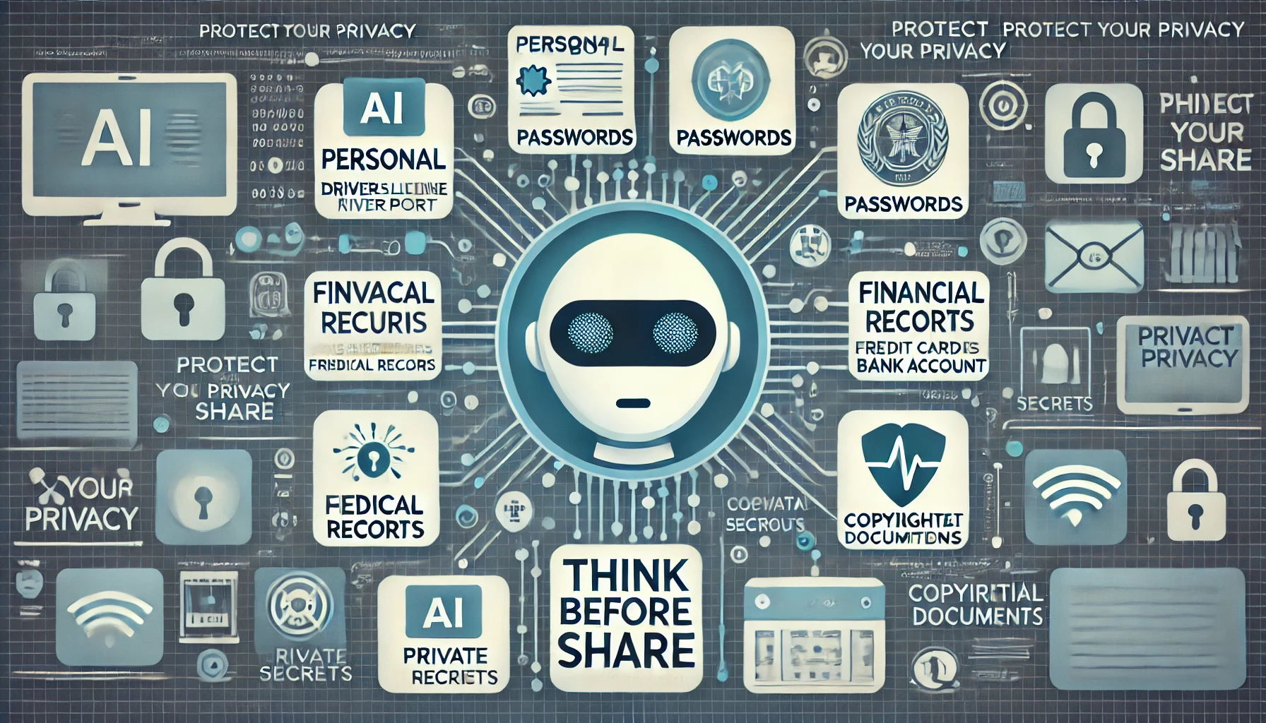 DALL·E 2025 01 13 13.17.47 A visually engaging infographic style illustration showing the risks of sharing sensitive information with artificial intelligence. The image features