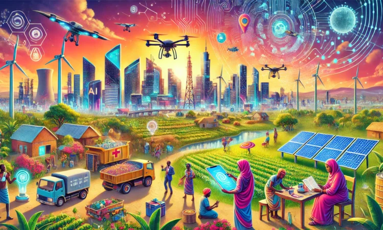 DALL·E 2025 01 13 21.24.28 A vibrant futuristic depiction of technological advancements in the Global South featuring a smart city skyline with modern skyscrapers and solar pa