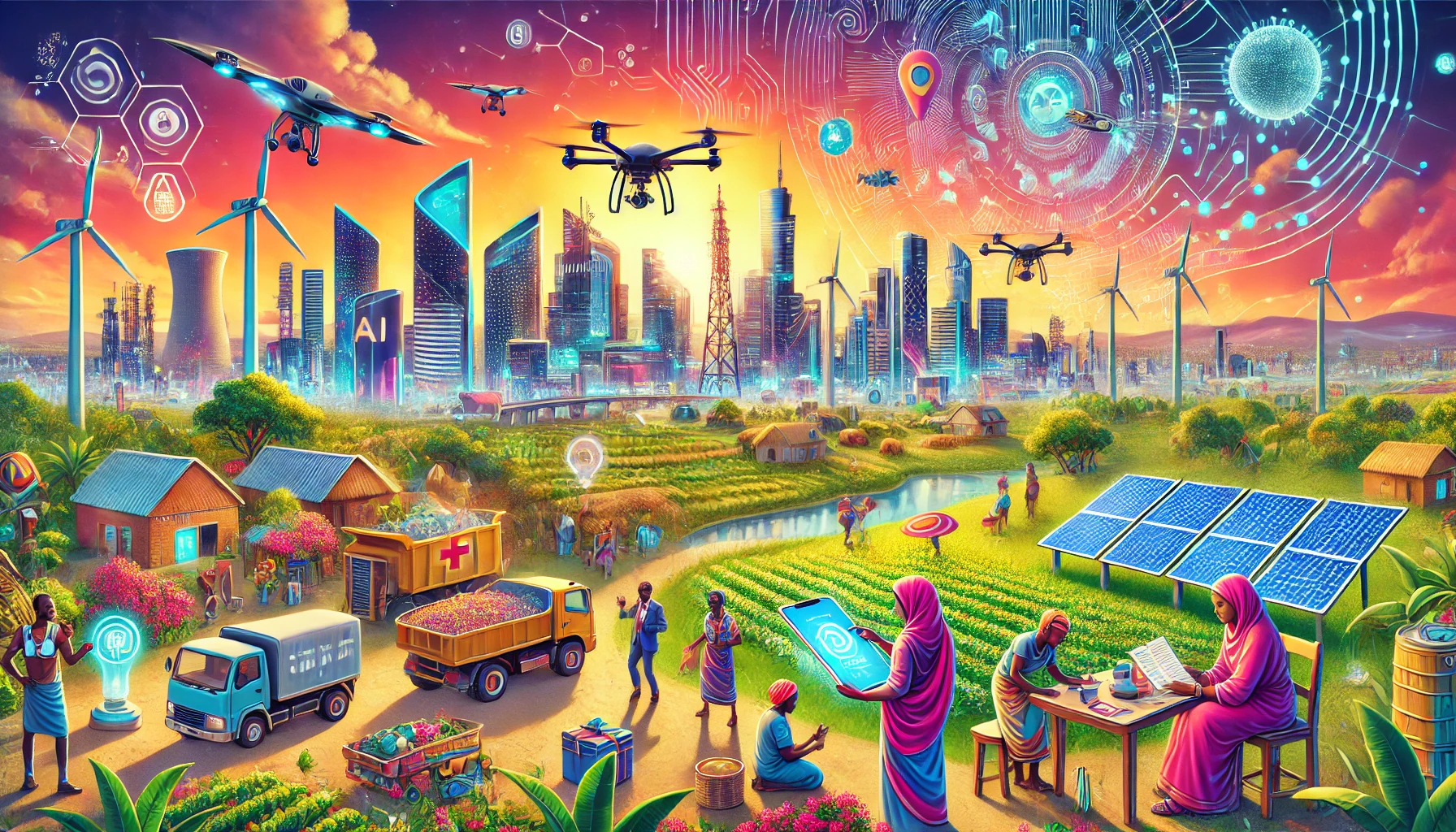 DALL·E 2025 01 13 21.24.28 A vibrant futuristic depiction of technological advancements in the Global South featuring a smart city skyline with modern skyscrapers and solar pa