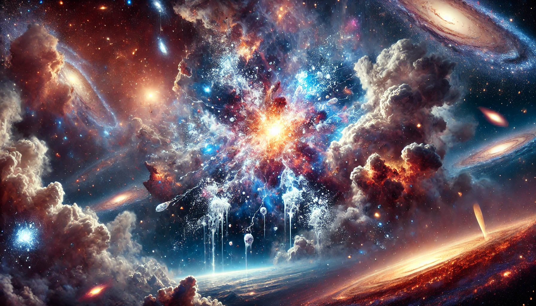 Cosmic image illustrating the aftermath of a supernova explosion, capturing the swirling gas, dust, and the formation of the universe's first water molecules.